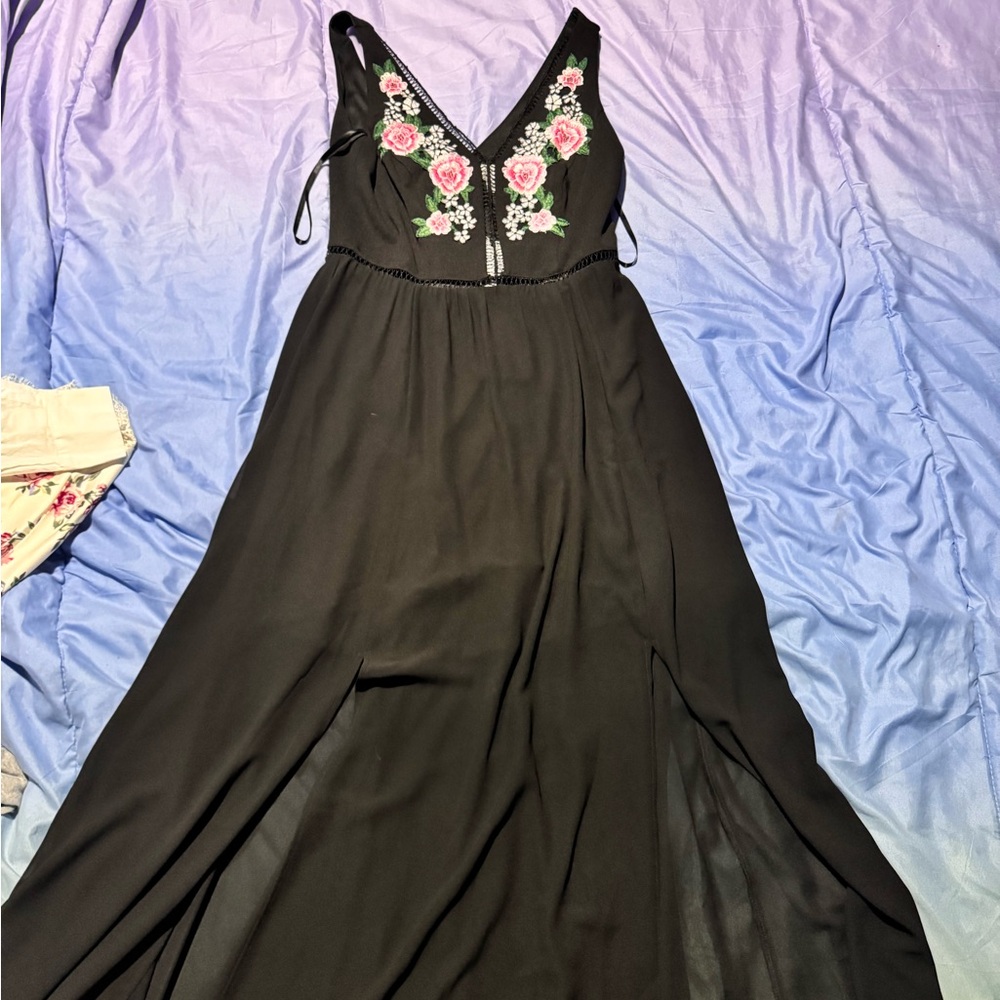 Premier Black Maxi Dress with Pink Floral Embroidery